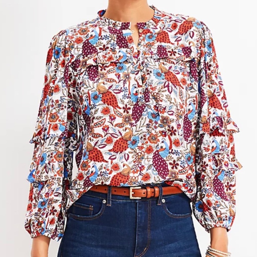 LOFT Multicolor Floral Bird Print Ruffle Long-Sleeve Blouse